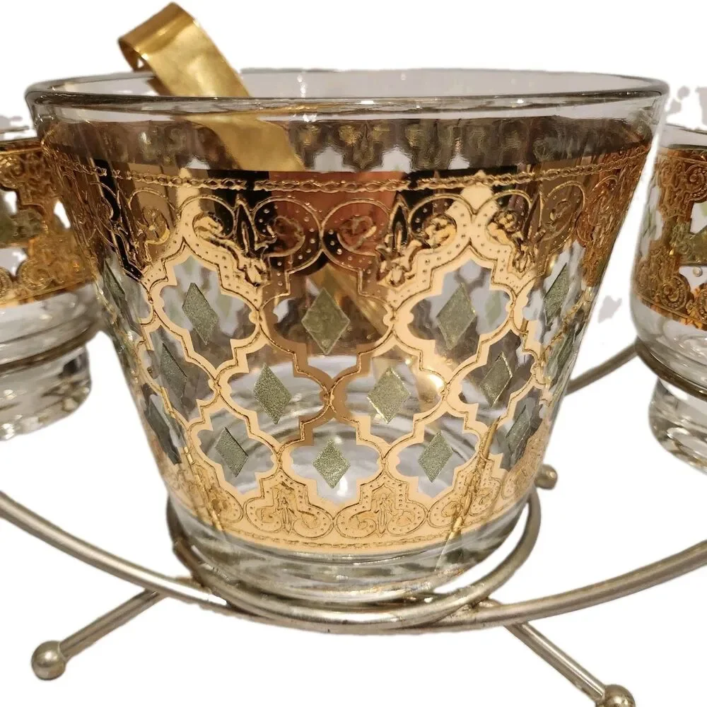 Vintage Culver Valencia 22K Gold 6 Glass Ice Bucket Caddy Set MCM 1960s